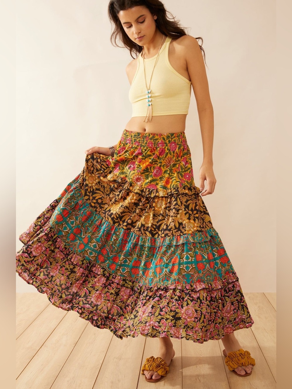 Emerald Hotel Layla Layered Bohemian Maxi Skirt, Size XS